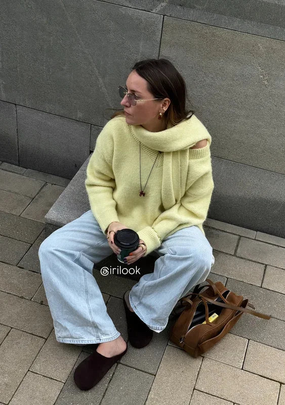 Hirsionsan 2025 New Soft Loose V Neck Knitted Sweaters Women Winter Solid Female Pullovers & Scarf Warm Basic Knitwear Jumper