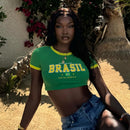 2024 Retro Street Aesthetic Baby T-shirt Women Green Brazil Letters Print Crop Tops Casual Slim Short Sleeve Y2k Clothes E-girls