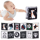 Livro de pano de alto contraste – Brinquedo sensorial a preto e branco para bebé (0–36 meses)