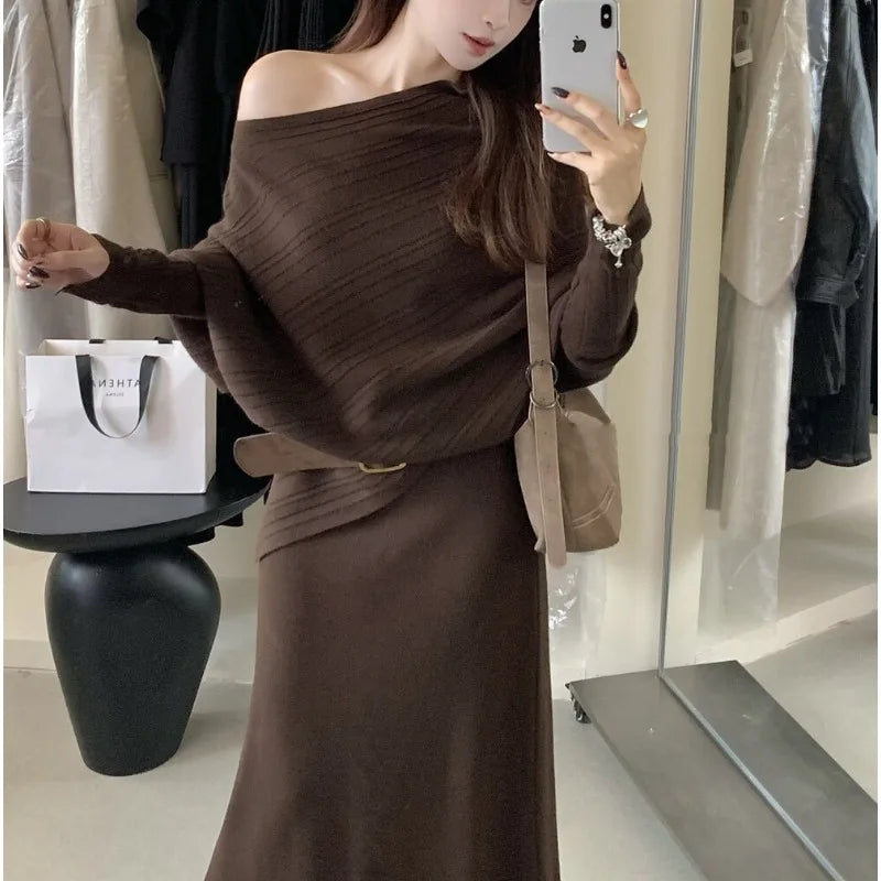 Knitted Sweater Set Women's Slim Fit Long Skirt Two Piece Fashionable Autumn Wear E12258