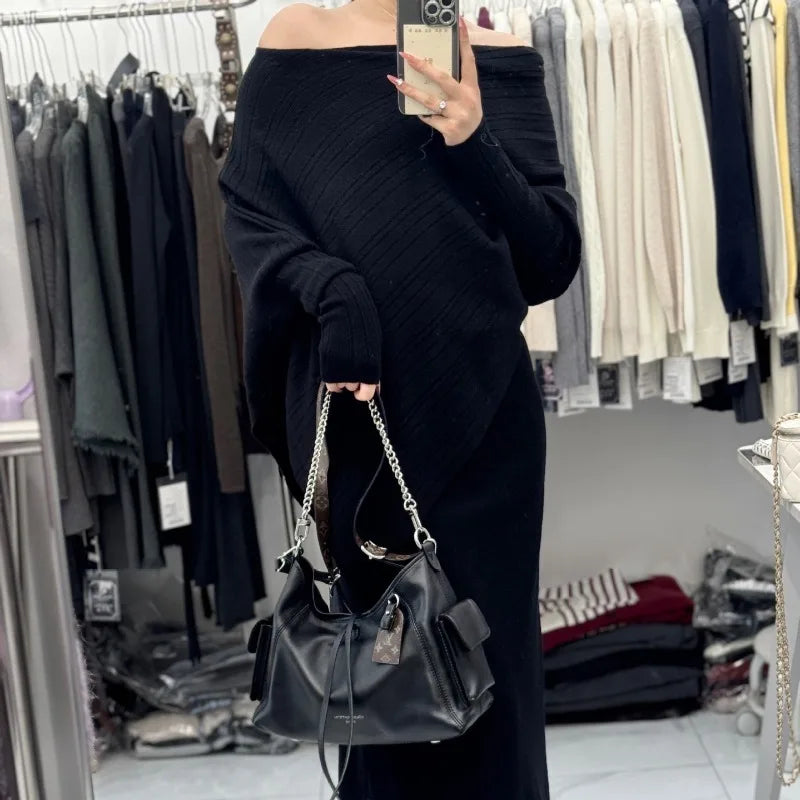 Knitted Sweater Set Women's Slim Fit Long Skirt Two Piece Fashionable Autumn Wear E12258