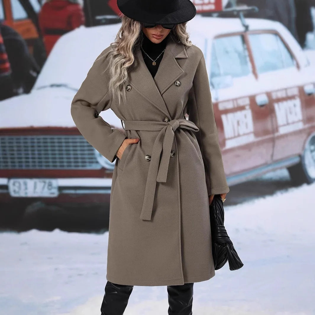 Thickened Pure Color Notch Collar Double Breasted Belted Long Length Woolen Coat for Women Comfortable Casual Style Spring Au...