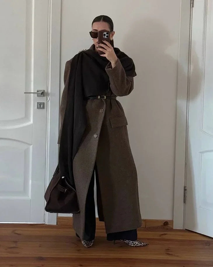 Brown Shoulder Pad Wool Blend Overcoat Women Elegant Lapel Single-breasted Long Sleeve Coat 2025 Autumn Lady Commuter Outerwear