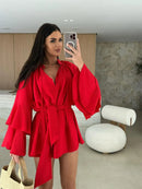 Vestido elegante para mulher com pregas, castanho, decote em V profundo, mangas compridas, modelo curto, moda feminina primavera/verão 2025, largo e elegante.