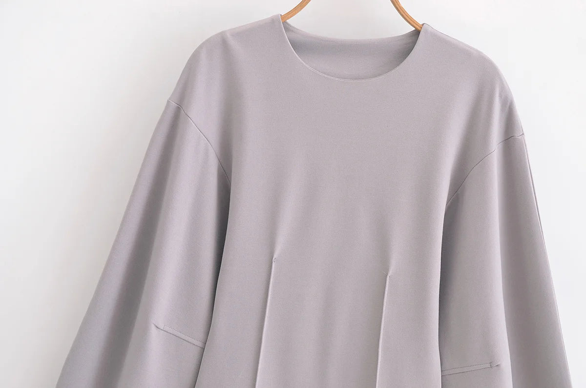 HH Women's 2-Piece Set Fashion Slimming Double-Sided Fabric Round Neck Long-Sleeve Top+Elegant Stretch Casual Wide Leg Pants