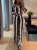 Conjunto elegante de duas peças com riscas: camisa com bolso + calças pantalona