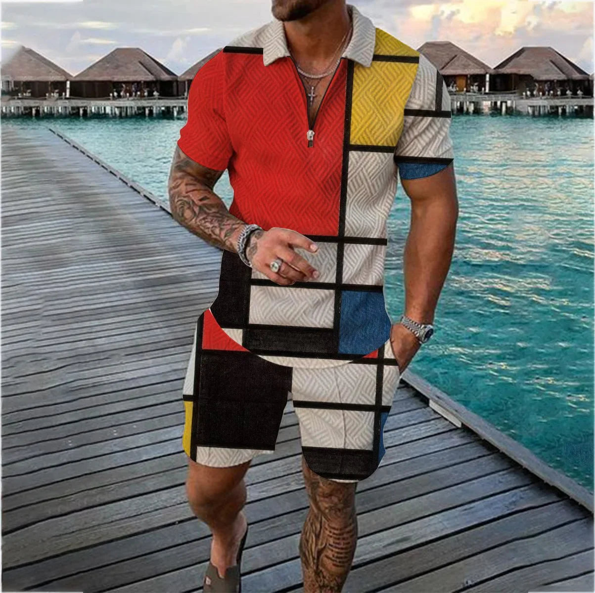 Men’s Summer Sports Patchwork Polo Shirt and Shorts Set