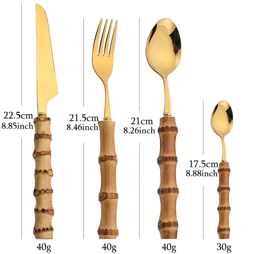 24-Piece Bamboo Handle Cutlery Set – Eco-Friendly Stainless Steel Dinnerware