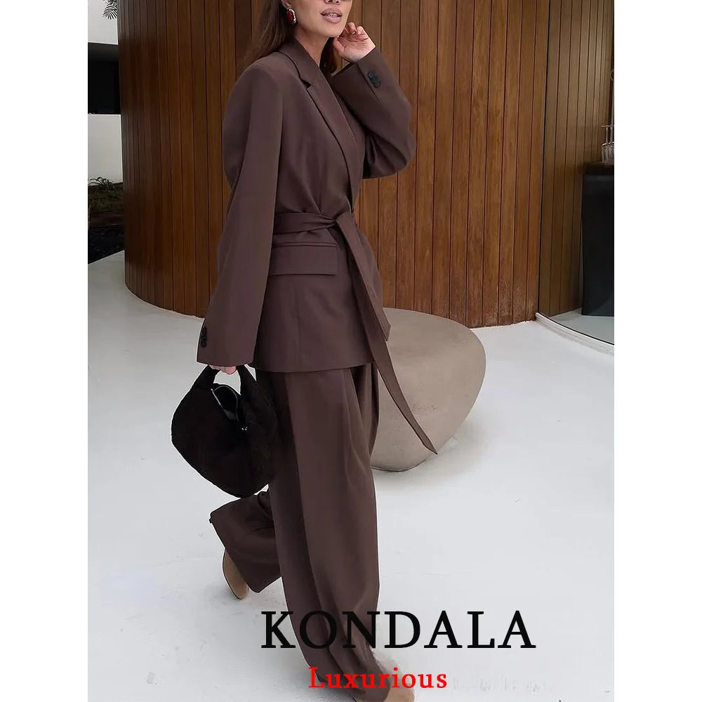 KONDALA Office Lady Casual Chic Solid Women Suit Single Button Sashes Loose Blazer Zipper Pants Fashion 2025 Autumn Winter Sets