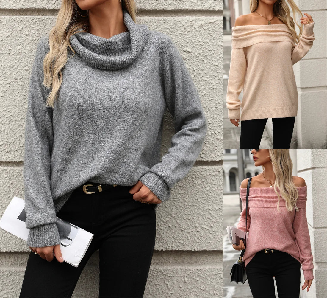 Women Sweater 2024 Winter Casual Heaps Collar Knitted Solid Long Sleeve Pullover Ladies Autumn Trend Warm Off Shoulder Jumpers