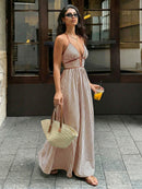 2026 Summer New Style Deep V-neck Striped Beach Dress, Sexy Backless Sleeveless Neckline Long Dress