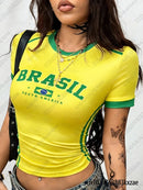 Art Aesthetic BRASIL Letter Print Crop Top For Womens Vintage Street Sexy Short Sleeve Tees Students Summer Crop Top Y2k Clothes