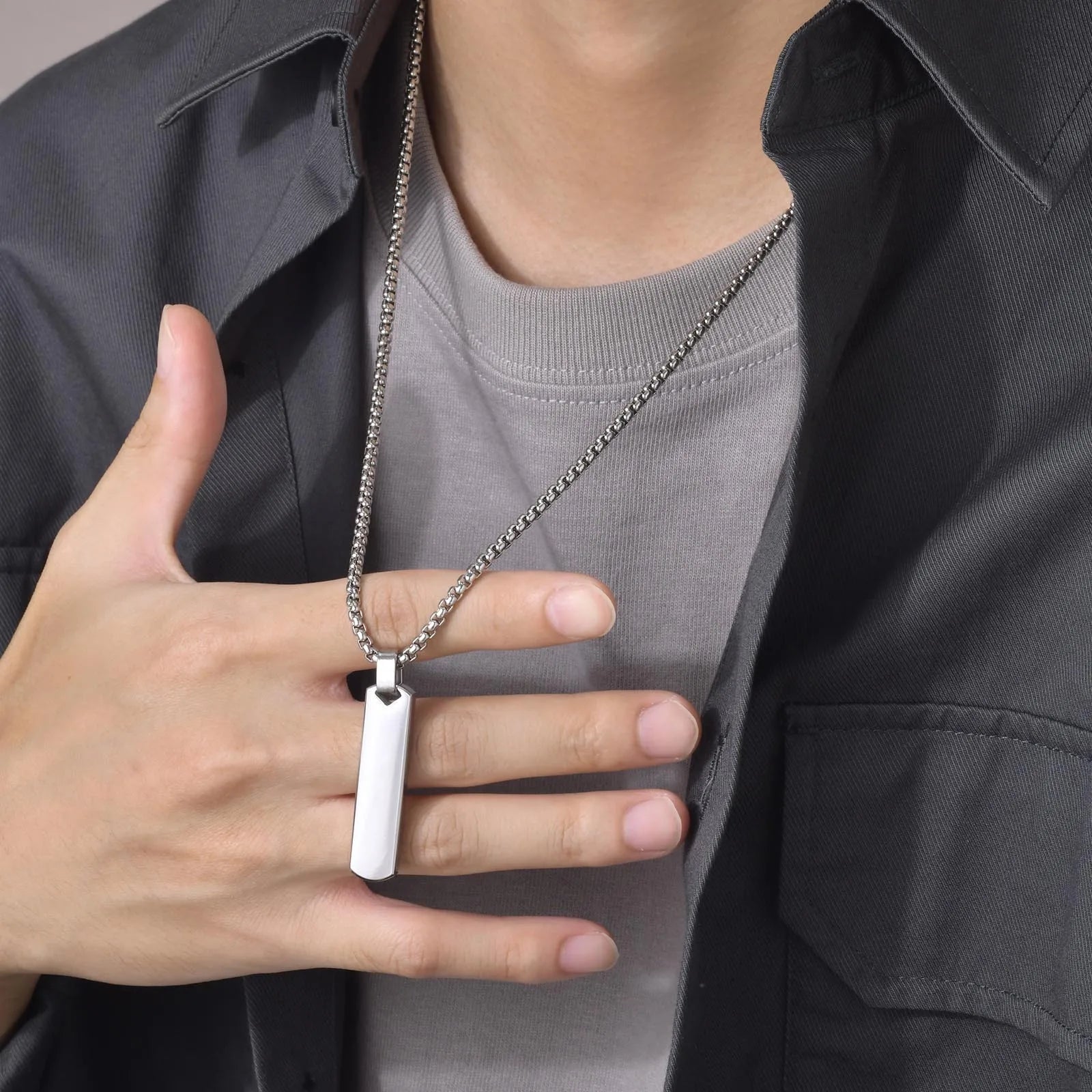 Men’s Necklace Set with Vertical Bar Pendant and Dual Stainless Steel Chains