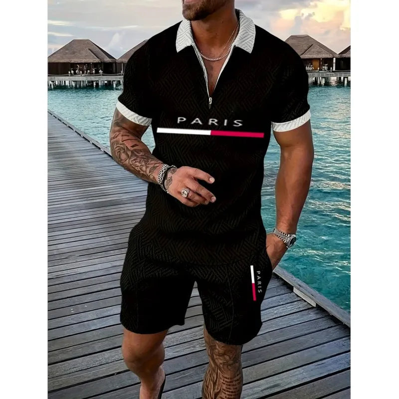 Luxury Men’s Casual Set with Short Sleeve Zip-Up Shirt