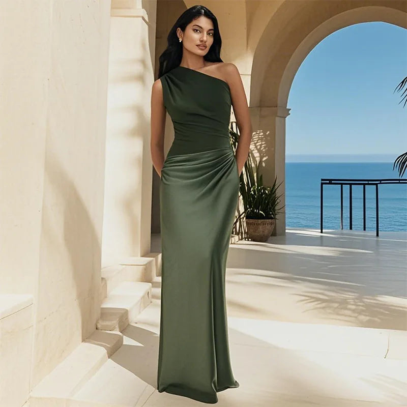 One-Shoulder Satin Maxi Dress  Elegant & Sexy Bodycon Style for Summer Nights