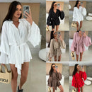 Vestido elegante para mulher com pregas, castanho, decote em V profundo, mangas compridas, modelo curto, moda feminina primavera/verão 2025, largo e elegante.