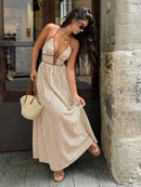 2026 Summer New Style Deep V-neck Striped Beach Dress, Sexy Backless Sleeveless Neckline Long Dress