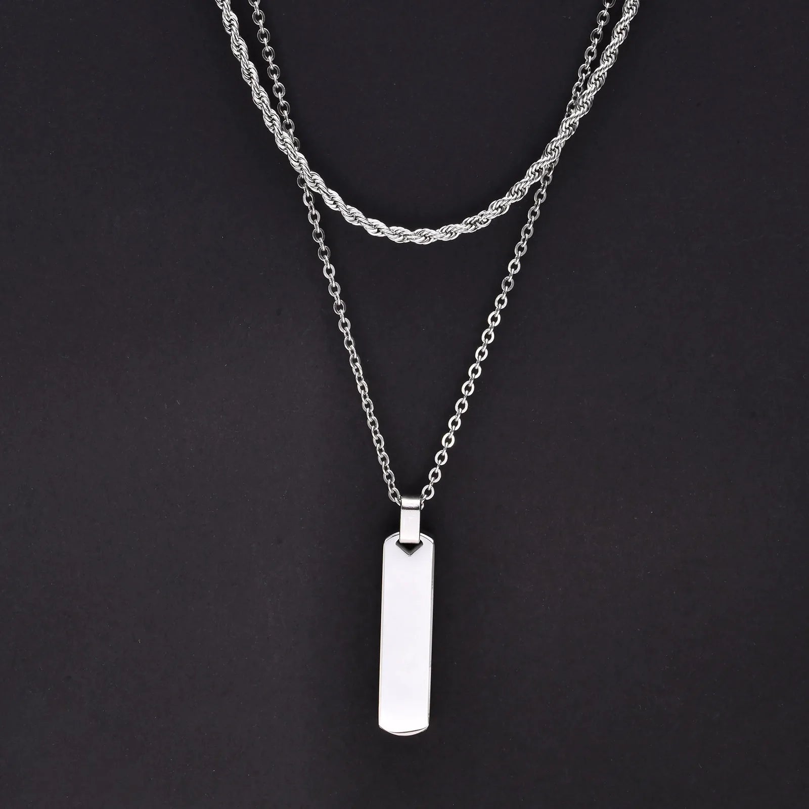 Men’s Necklace Set with Vertical Bar Pendant and Dual Stainless Steel Chains