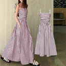 2026 Casual Spaghetti Strap Dresses For Ladies A-line Dress Vestido For Woman Temperament Striped Slim Pleated Off Shoulder Chic