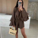 Vestido elegante para mulher com pregas, castanho, decote em V profundo, mangas compridas, modelo curto, moda feminina primavera/verão 2025, largo e elegante.
