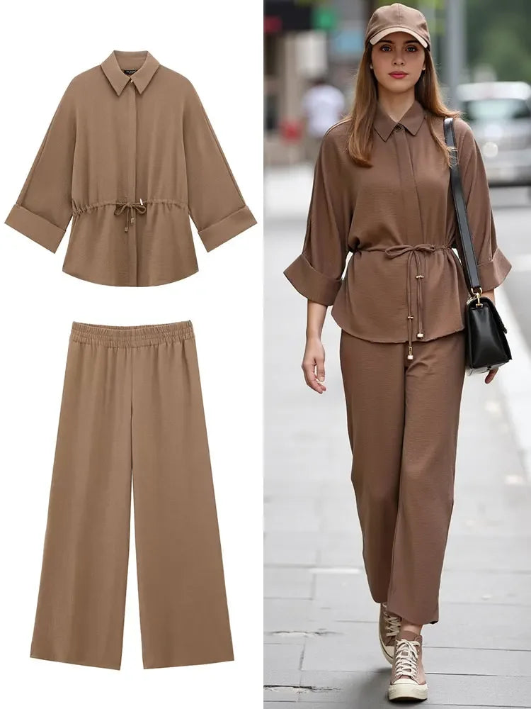 Pop Women Kimono Style Blouse Pant Sets Long Sleeve Lace Up Shirt Loose Casual Elastic Waist Trousers Spring Lady Outfit