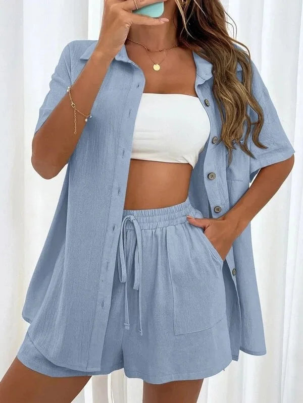 Women's Summer Chic Set – Long Sleeve Shirt + Wide-Leg Shorts