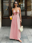 2026 Summer New Style Deep V-neck Striped Beach Dress, Sexy Backless Sleeveless Neckline Long Dress