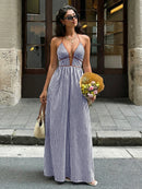 2026 Summer New Style Deep V-neck Striped Beach Dress, Sexy Backless Sleeveless Neckline Long Dress
