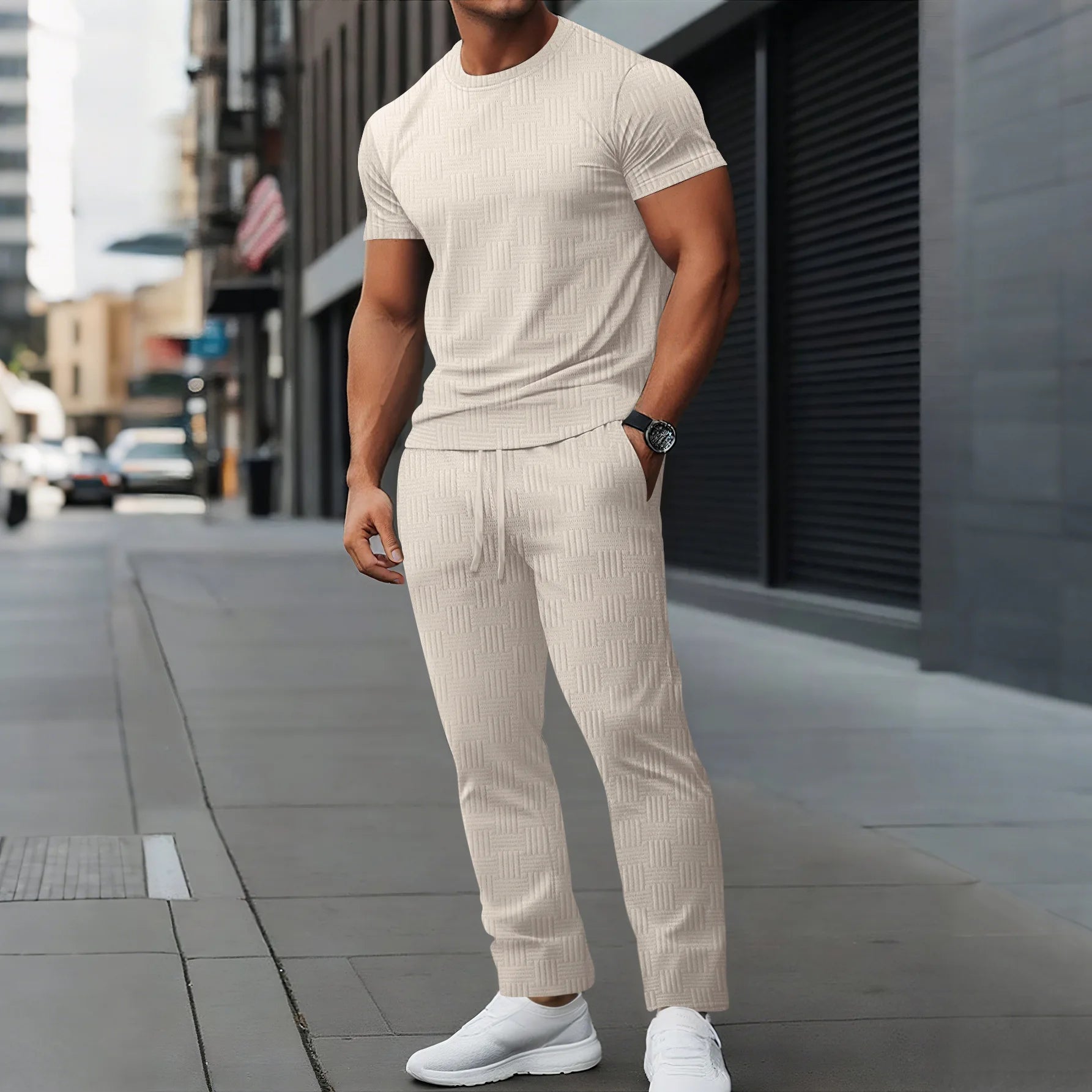 Men’s Casual Summer Set – Short Sleeve Jacquard T-Shirt with Comfortable Long Pants