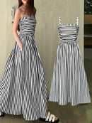 2026 Casual Spaghetti Strap Dresses For Ladies A-line Dress Vestido For Woman Temperament Striped Slim Pleated Off Shoulder Chic