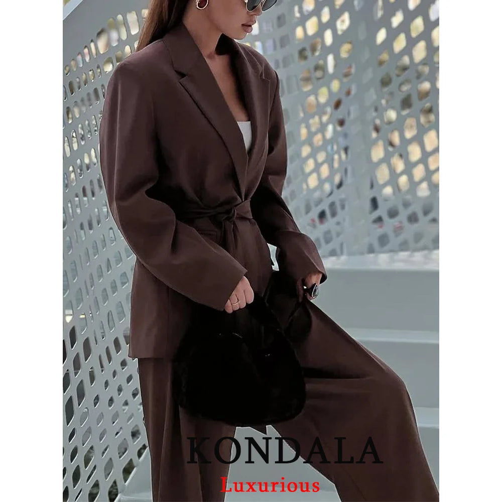 KONDALA Office Lady Casual Chic Solid Women Suit Single Button Sashes Loose Blazer Zipper Pants Fashion 2025 Autumn Winter Sets
