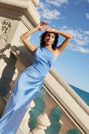 Vestido comprido de cetim com um ombro só, elegante e sensual, estilo bodycon, perfeito para as noites de verão.