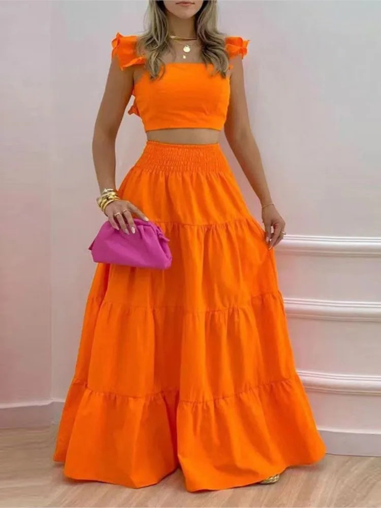 Women's 2-Piece Set – Crop Top + Maxi Skirt – Elegant Casual Outfit