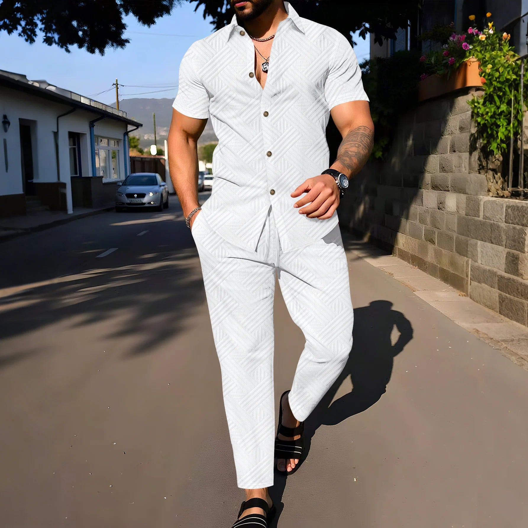 Men's Casual Long Pants Set – Short Sleeve Shirt for Spring and Autumn