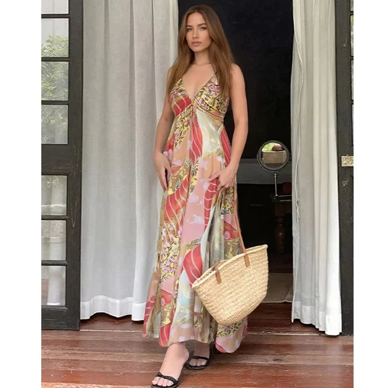 Women’s Boho Print Ruched Midi Dress