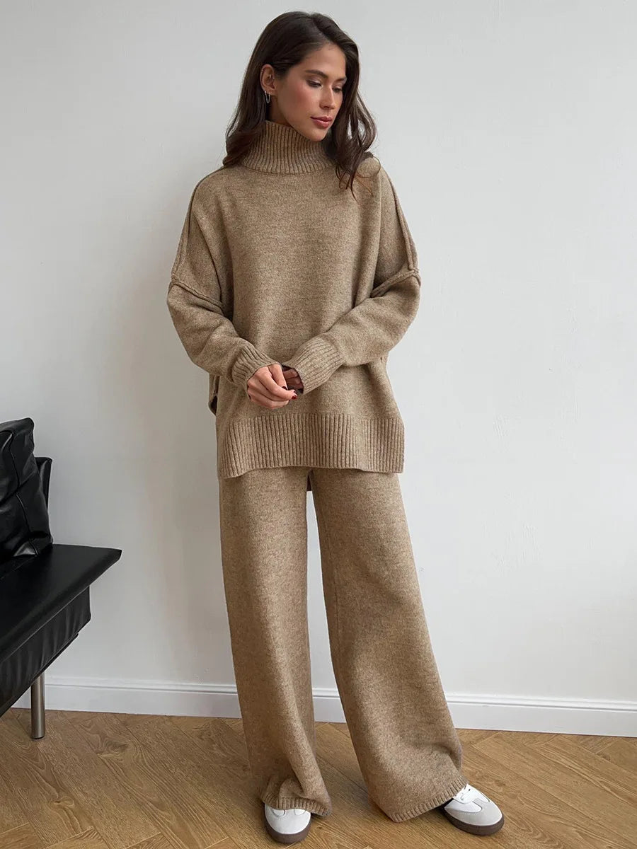 Women's Autumn and Winter New Fashion Relaxed Leisure Lazy Thick Knit Two-piece Set High Collar Slit Sweater + Long Pants Suit