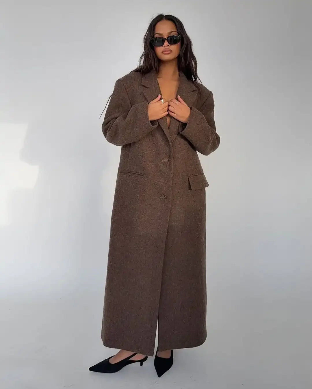 Brown Shoulder Pad Wool Blend Overcoat Women Elegant Lapel Single-breasted Long Sleeve Coat 2025 Autumn Lady Commuter Outerwear
