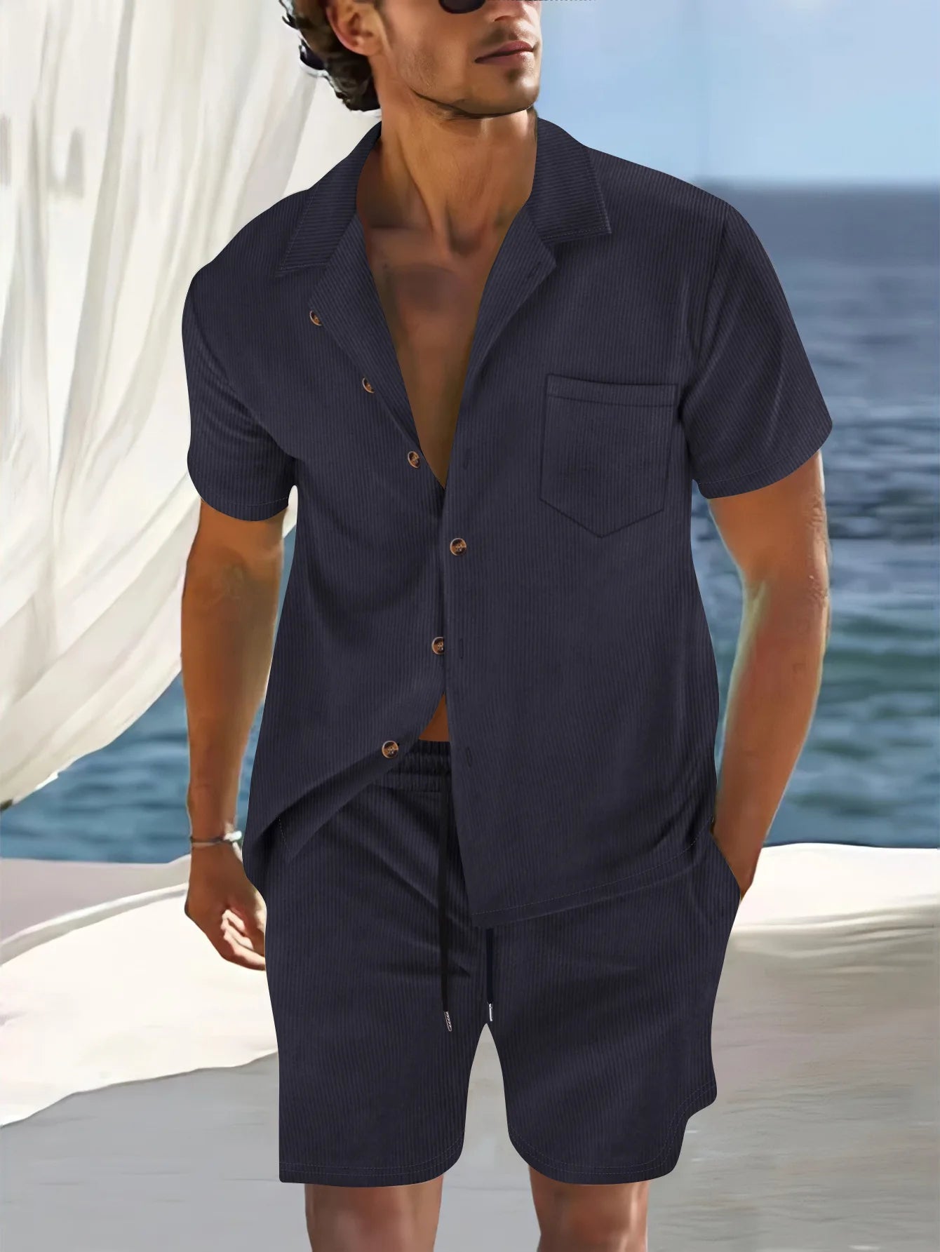 Men's Summer Thin Cuban Collar Short Sleeve Shirt Set with Shorts – Casual Sportswear