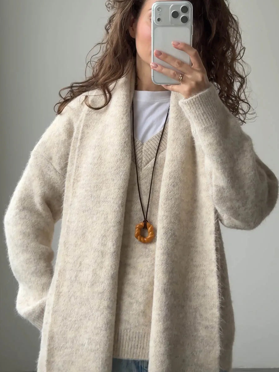 Hirsionsan 2025 New Soft Loose V Neck Knitted Sweaters Women Winter Solid Female Pullovers & Scarf Warm Basic Knitwear Jumper