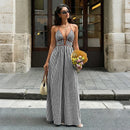 2026 Summer New Style Deep V-neck Striped Beach Dress, Sexy Backless Sleeveless Neckline Long Dress