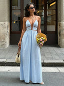 2026 Summer New Style Deep V-neck Striped Beach Dress, Sexy Backless Sleeveless Neckline Long Dress