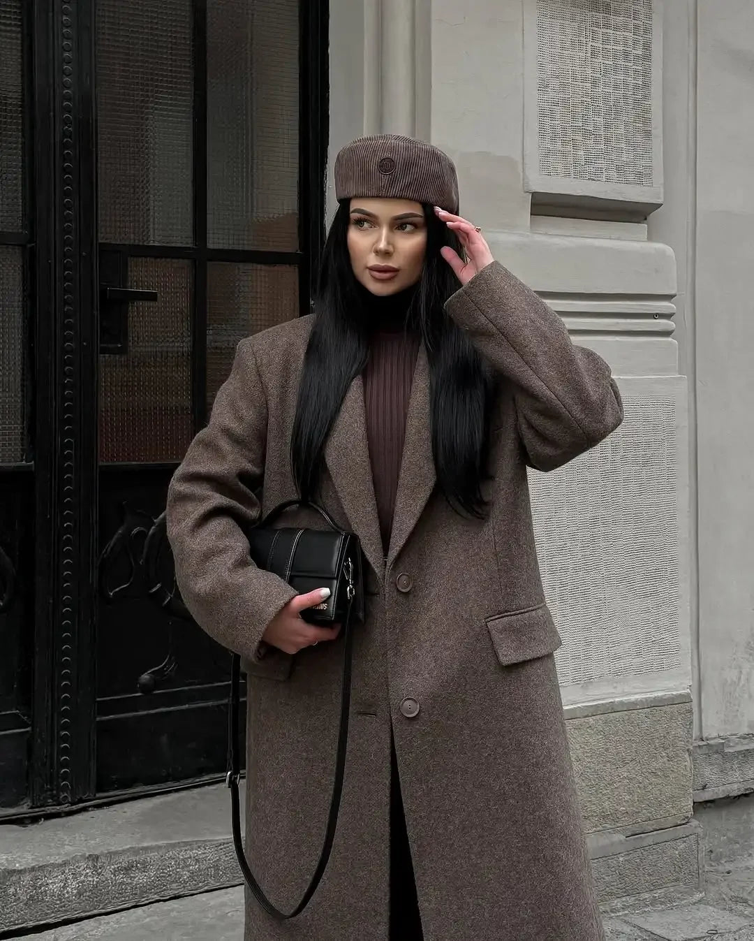 Brown Shoulder Pad Wool Blend Overcoat Women Elegant Lapel Single-breasted Long Sleeve Coat 2025 Autumn Lady Commuter Outerwear