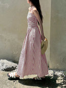 2026 Casual Spaghetti Strap Dresses For Ladies A-line Dress Vestido For Woman Temperament Striped Slim Pleated Off Shoulder Chic