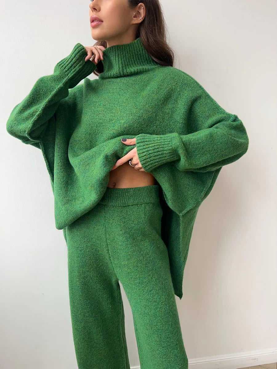 Women's Autumn and Winter New Fashion Relaxed Leisure Lazy Thick Knit Two-piece Set High Collar Slit Sweater + Long Pants Suit