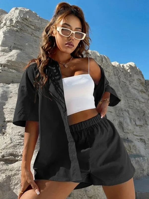 Women's Summer Chic Set – Long Sleeve Shirt + Wide-Leg Shorts