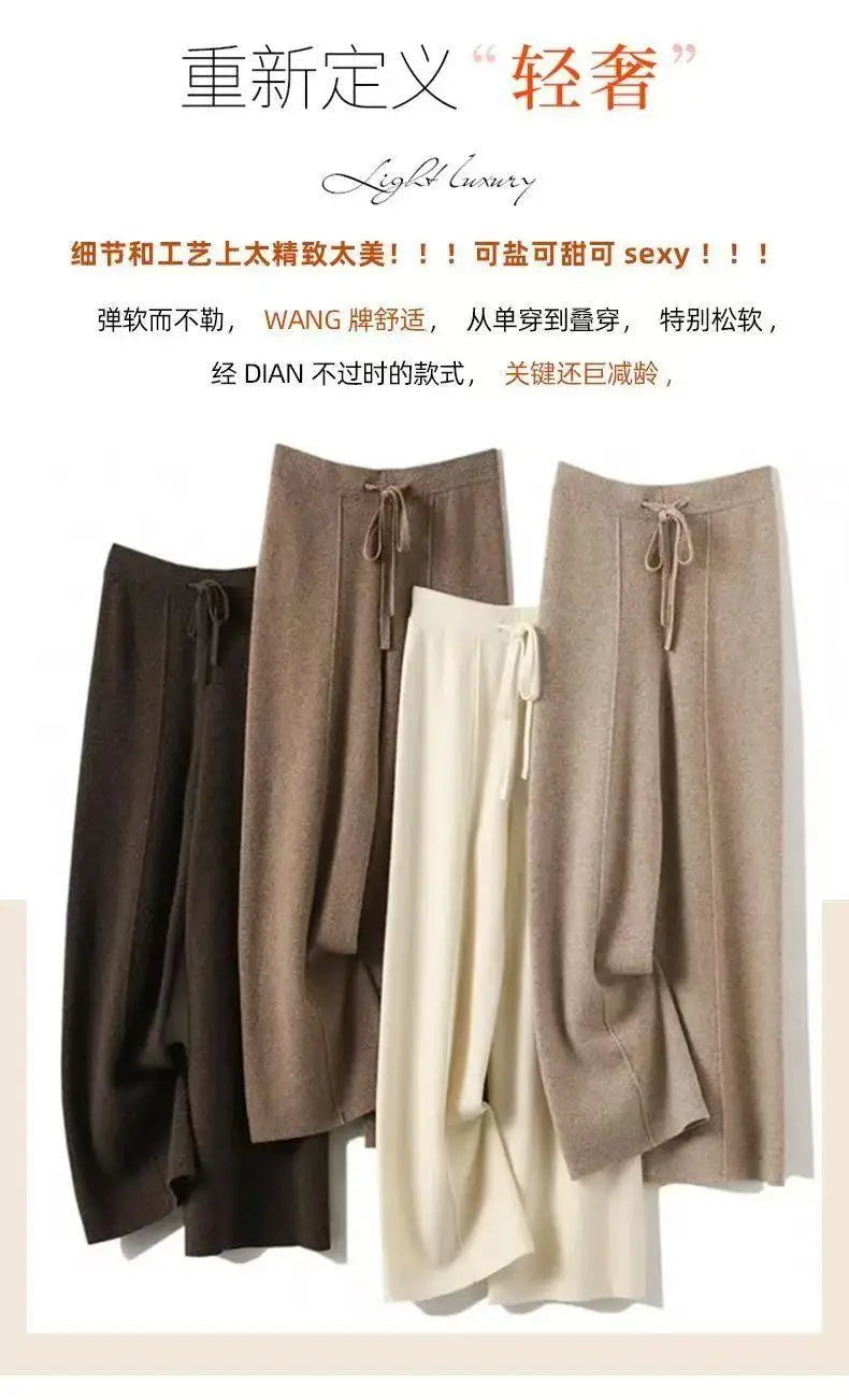 Women Merino Wool Knitted Wide Leg Pants Autumn Winter Basic Soft Warm Cashmere Knit Trousers Casual Simple Style Korean