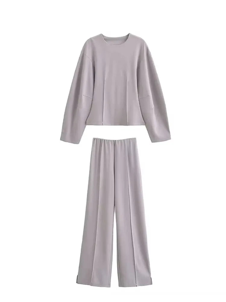 HH Women's 2-Piece Set Fashion Slimming Double-Sided Fabric Round Neck Long-Sleeve Top+Elegant Stretch Casual Wide Leg Pants