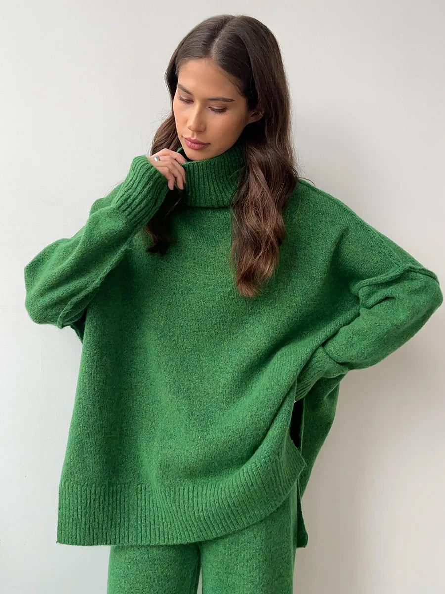 Women's Autumn and Winter New Fashion Relaxed Leisure Lazy Thick Knit Two-piece Set High Collar Slit Sweater + Long Pants Suit