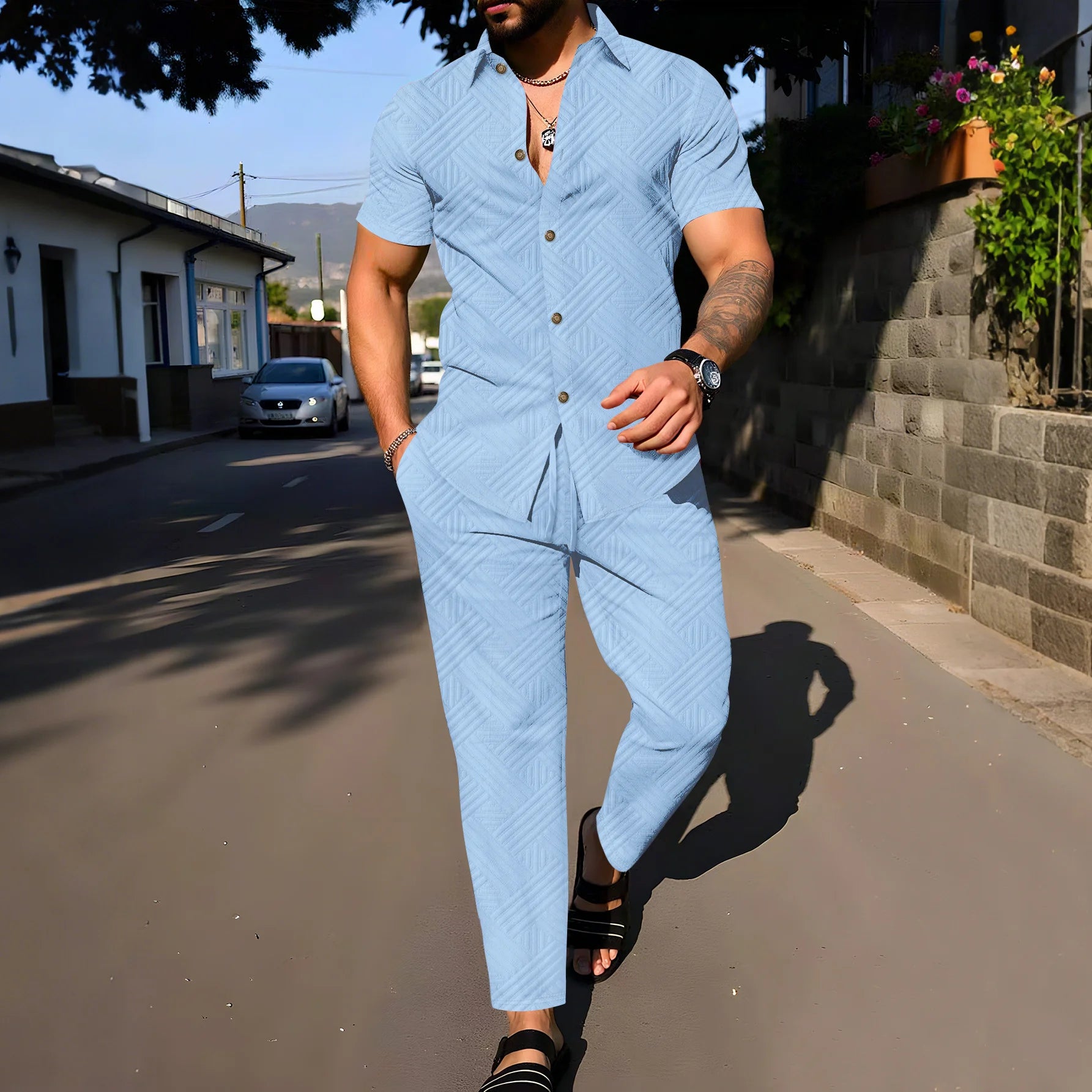 Men's Casual Long Pants Set – Short Sleeve Shirt for Spring and Autumn