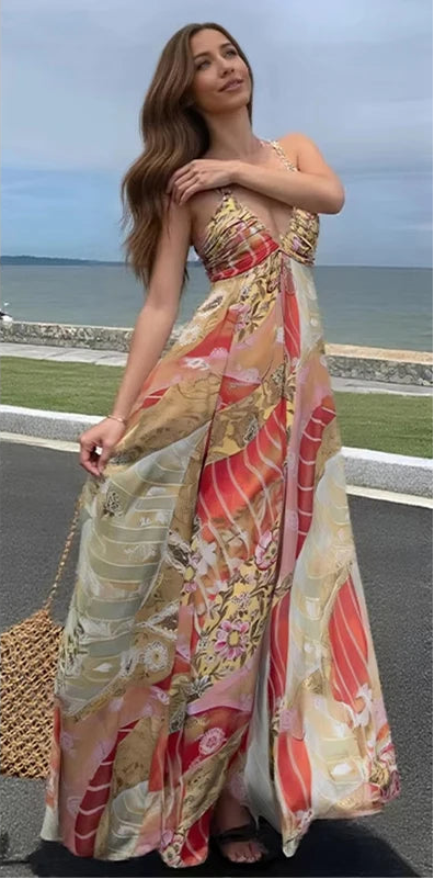 Women’s Boho Print Ruched Midi Dress